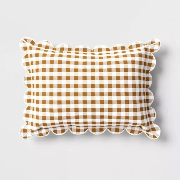 14x20 Gingham Scalloped Edge Outdoor Lumbar Pillow Brown -Threshold Studio McGee - Picture 1 of 4